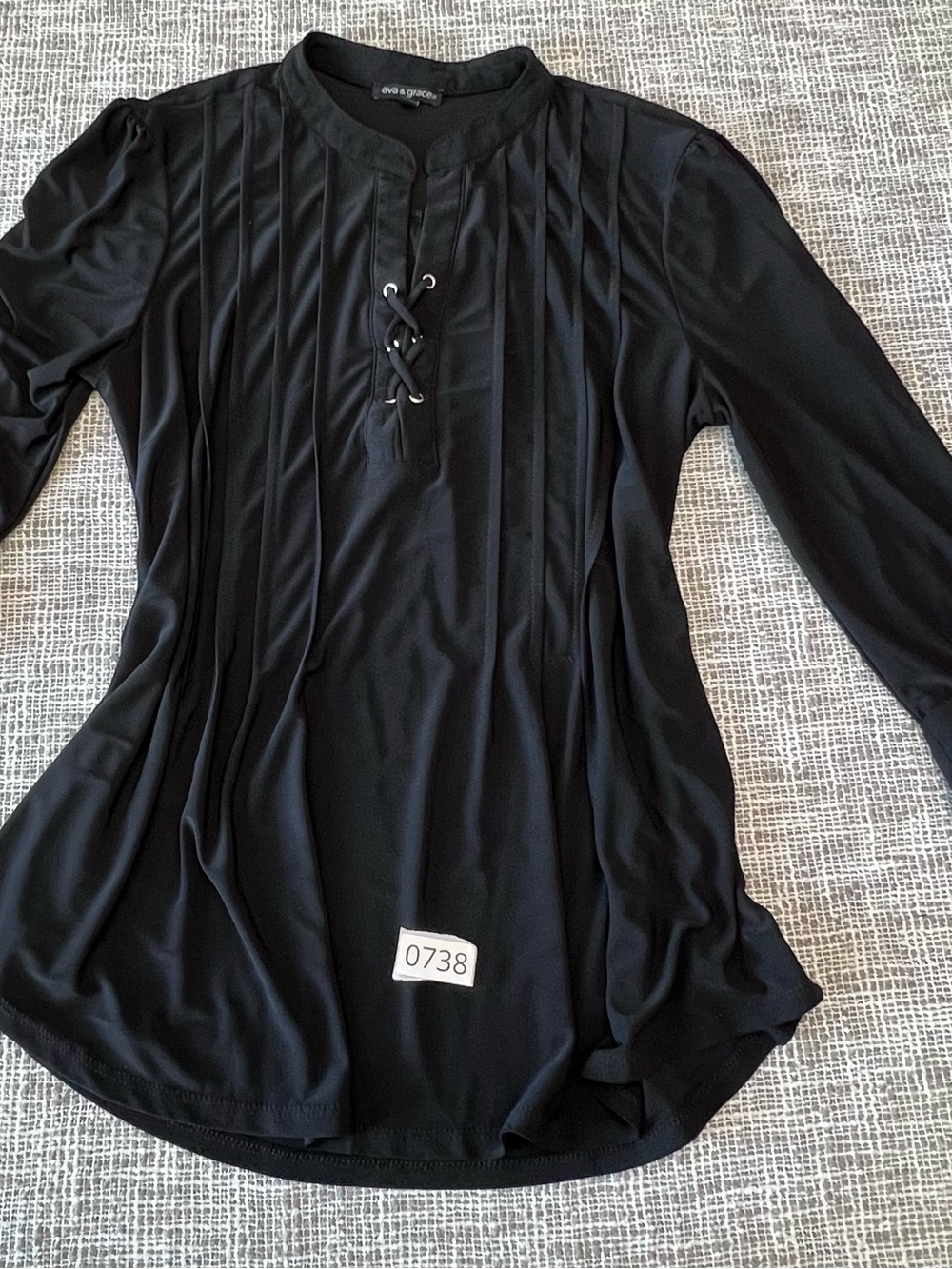 Ava & Grace Black Pintuck Lace-Up Long Sleeve Top